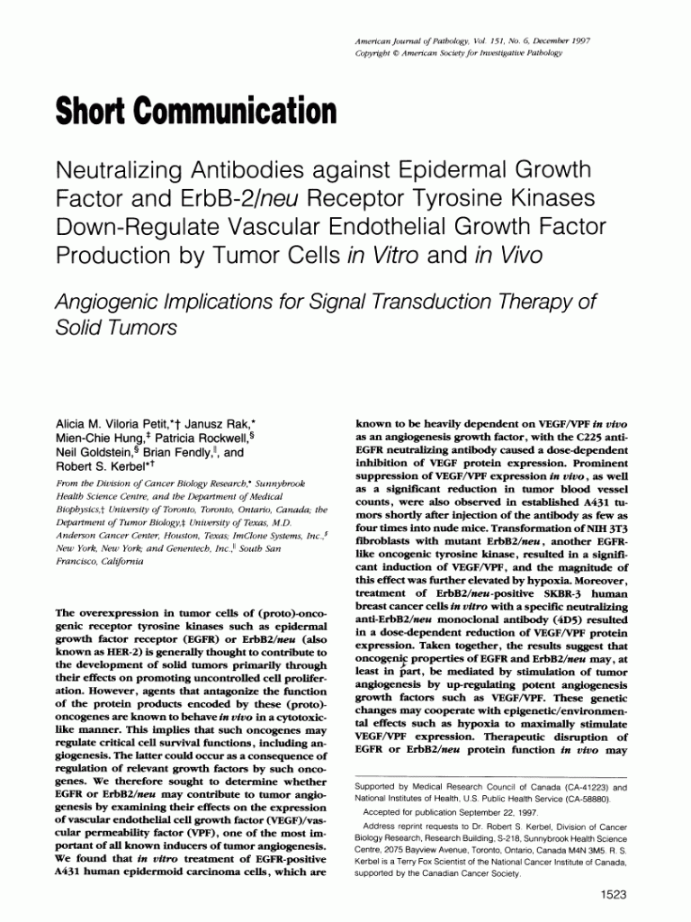 Neutralizing antibodies against epidermal growth factor and ErbB-2/neu receptor tyrosine kinases down-regulate vascular endothelial growth factor production by tumor cells in vitro and in vivo: angiogenic implications for signal transduction therapy of solid tumors. 
